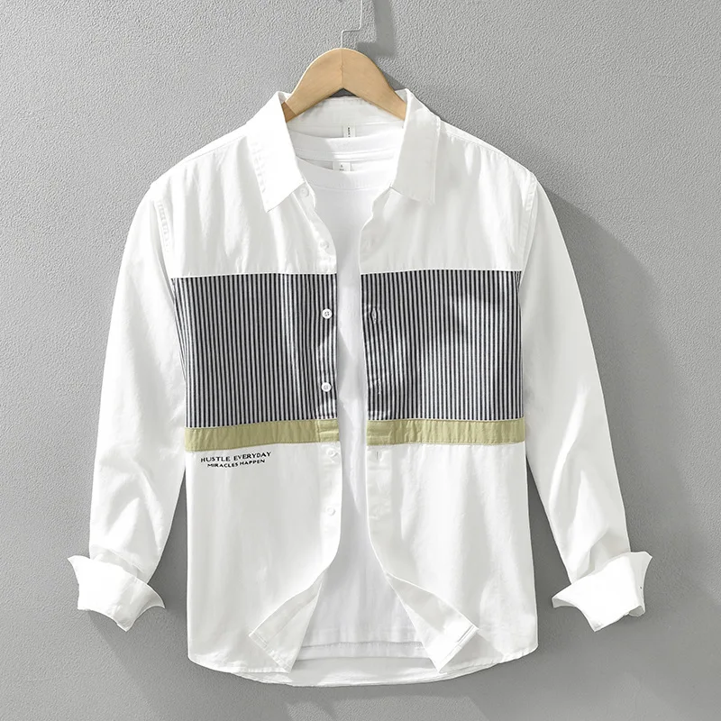 

Casual Printed Long Sleeve Shirt Men's Loose Fit Fashionable Artistic Patchwork Striped Top PU Leather Cleanfit Style All Sea...
