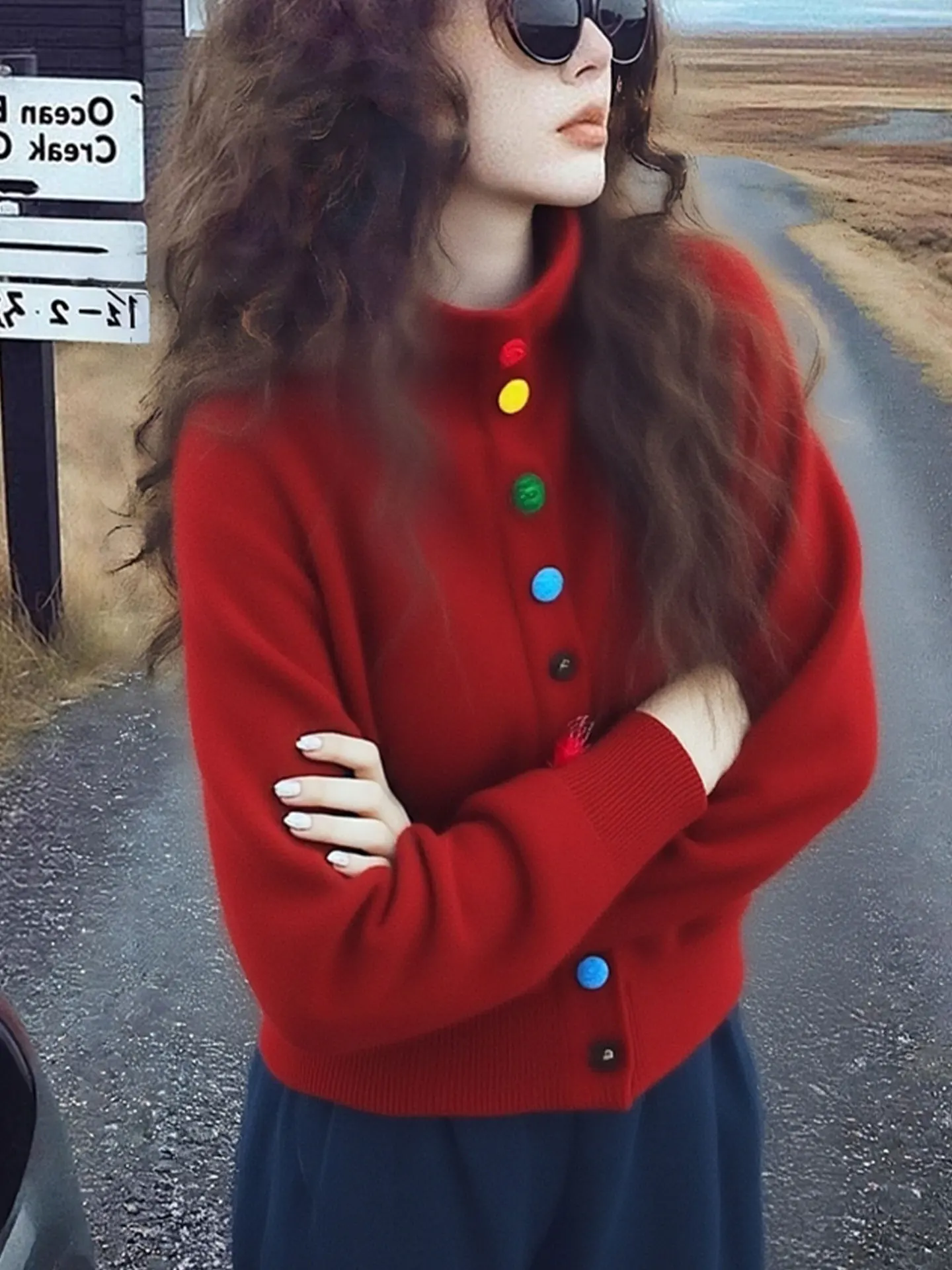 Cardigan long en tricot ouvert à col montant et à bouton unique Cisas Red Korean Sle, couleur rouge cerise, pour l'hiver