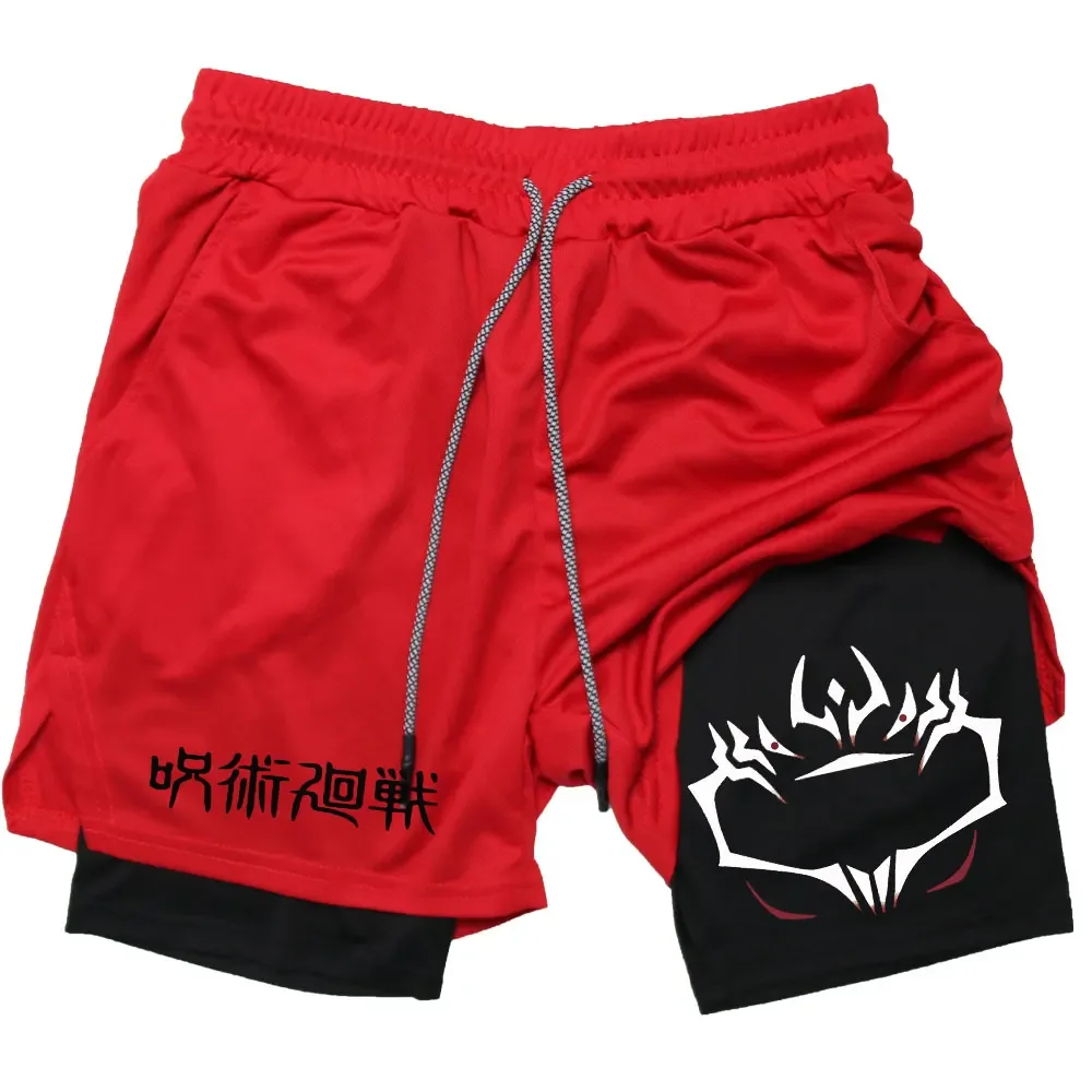 Pantalones cortos con estampado de Jujutsu Kaisen para hombre, Shorts de compresión 2 en 1 para Fitness, correr, entrenamiento