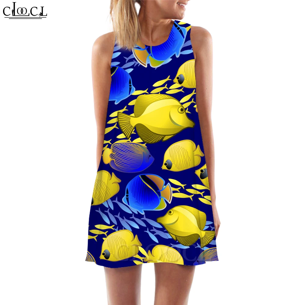 CLOOCL แฟชั่นผู้หญิง Tank Tops ชุดเดรสสั้น Koi ปลาคาร์พสัตว์กราฟิก 3D พิมพ์หลวมเอว Sundress Vestidos