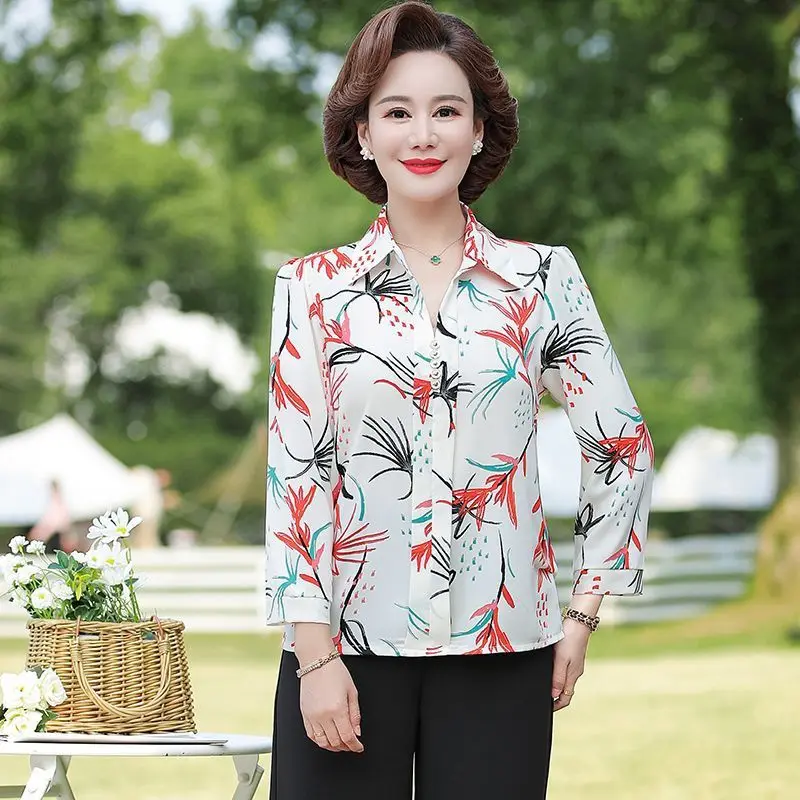 

5XL Women White Autumn Summer Blouses Shirts Lady Fashion Casual Nine Quart Sleeve Office Lady Flower Printing Blusas Tops G2814