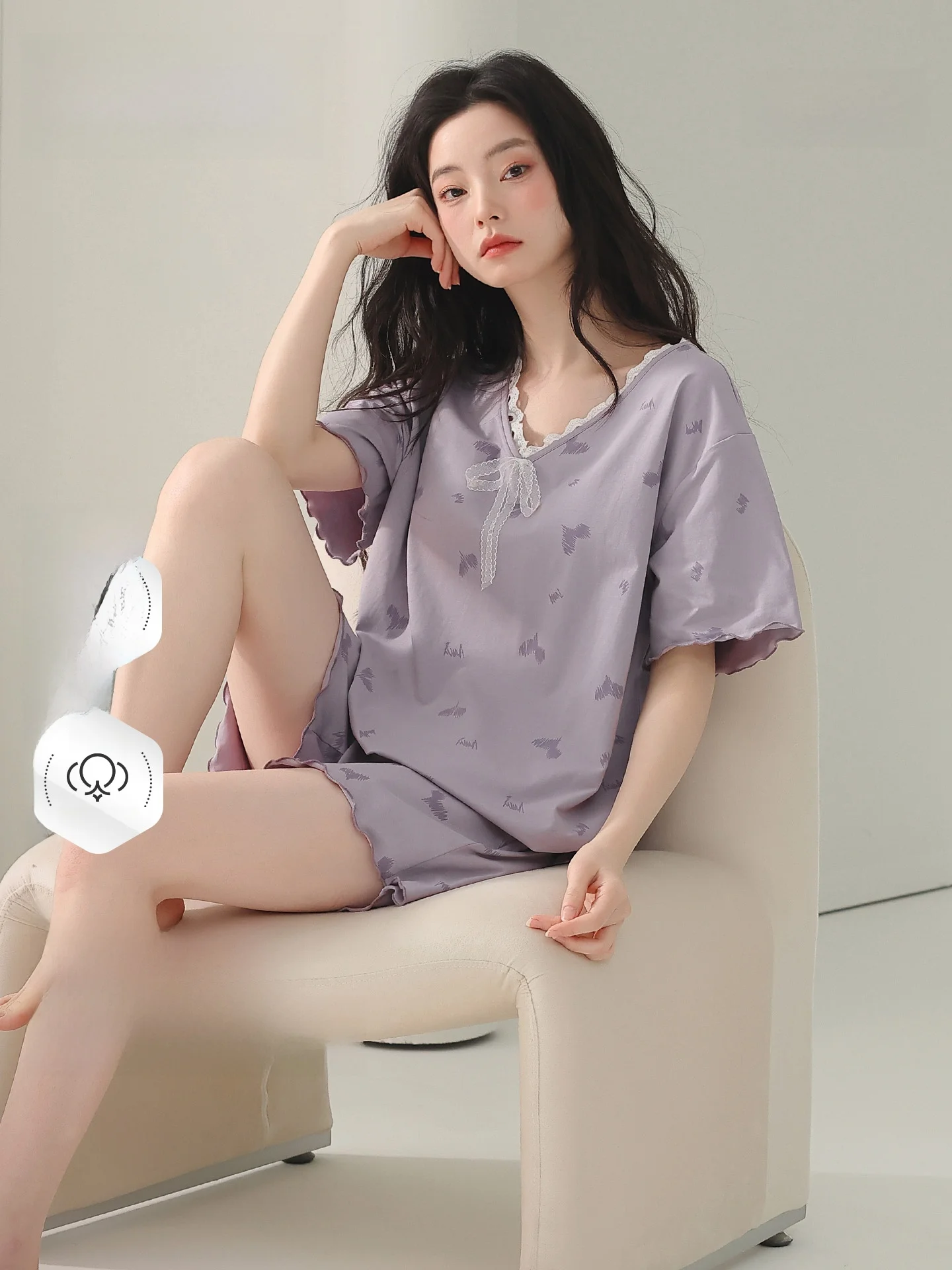 Ladies Pure Cotton Summer Sleepwear V-Neck Short Sleeve Short Pants Set Light Purple Thin Home Clothes Casual Style Comfortab...