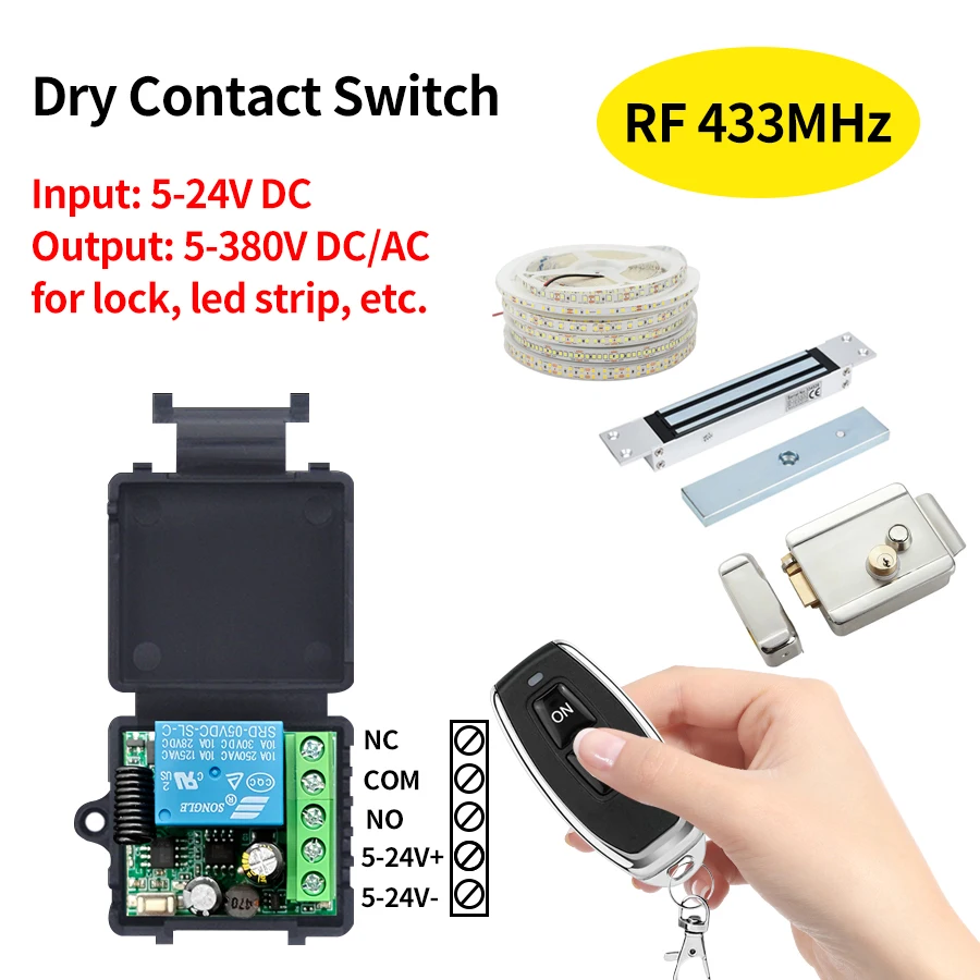 433MHz Remote Control for Electronic Door Lock LED Dry Contact Switch Module Wireless Access Control DC 5-24V 10A Relay Breaker
