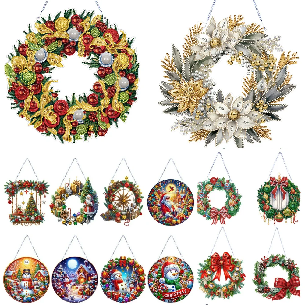 2024 Special Shaped Diamond Painting Wreath Ornament Acrylic Christmas Crystal Painting Wreath for Home Window Door Decor Gift