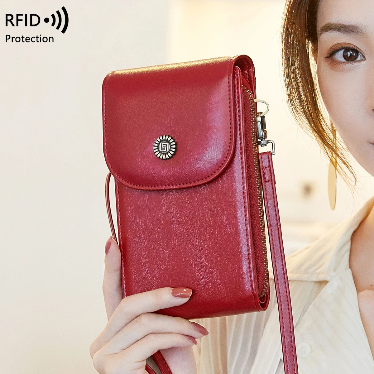 Retro Oil Wax Leather Mobile Phone Bag, RFID, Anti-theft, Brush, Vertical Shoulder Bag, Fashion Crossbody Wallet