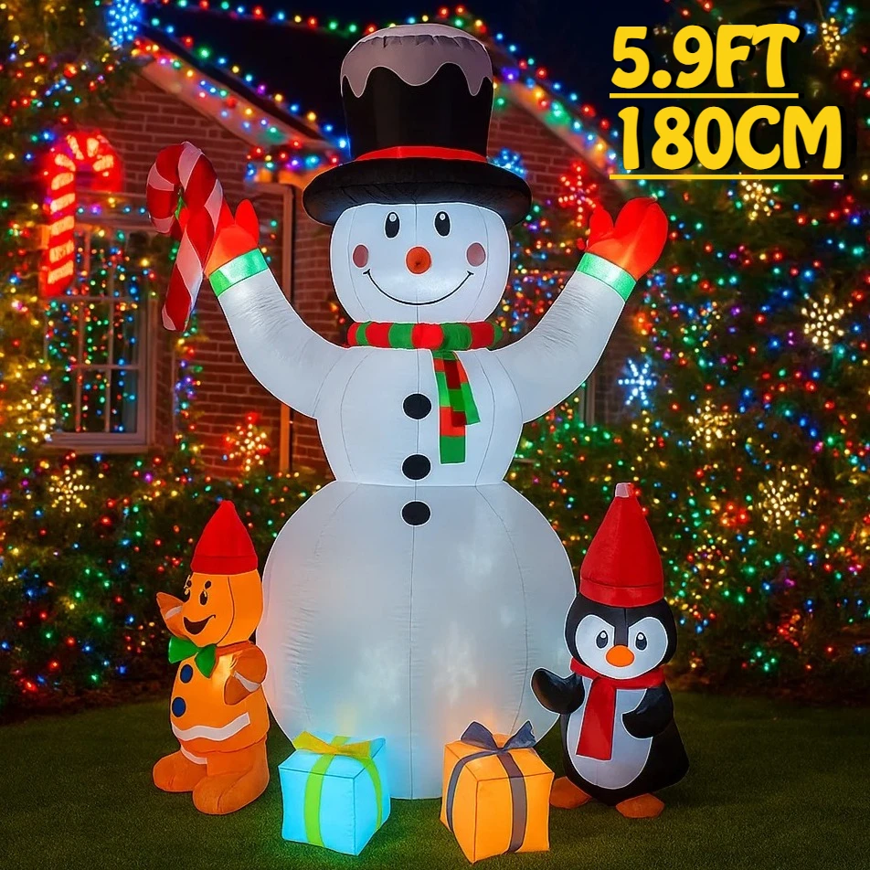 5.9FT Snowman Penguin Gingerbread Inflatable Christmas Decorations Xmas Ornaments Lights Outdoor Yard Holiday Party Decor Toys