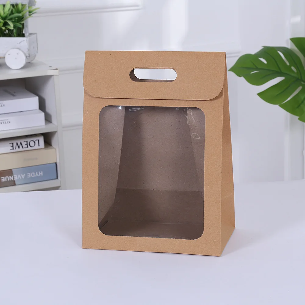 5pcs Kraft Paper Gift Bags With Transparent Window For Wedding Birthday Baptism Party Gifts Flowers Packaging Bag Portable Box