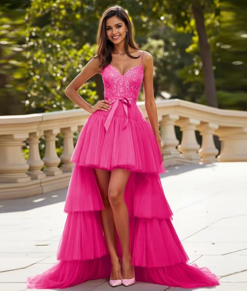 

Customized Sexy Tulle A-Line Spaghetti Straps Lace 3D Bow Ribbons Evening Dress High Quality Sleeveless فساتين سهرة