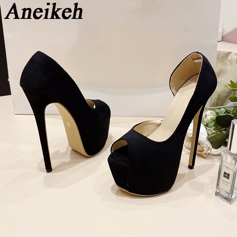 Aneikeh2024 Elegant Sexy Platform Super High HeelsWomen Flock Round Head Peep Toe Thin Heels Single Shoes Party Steel Pipe Dance