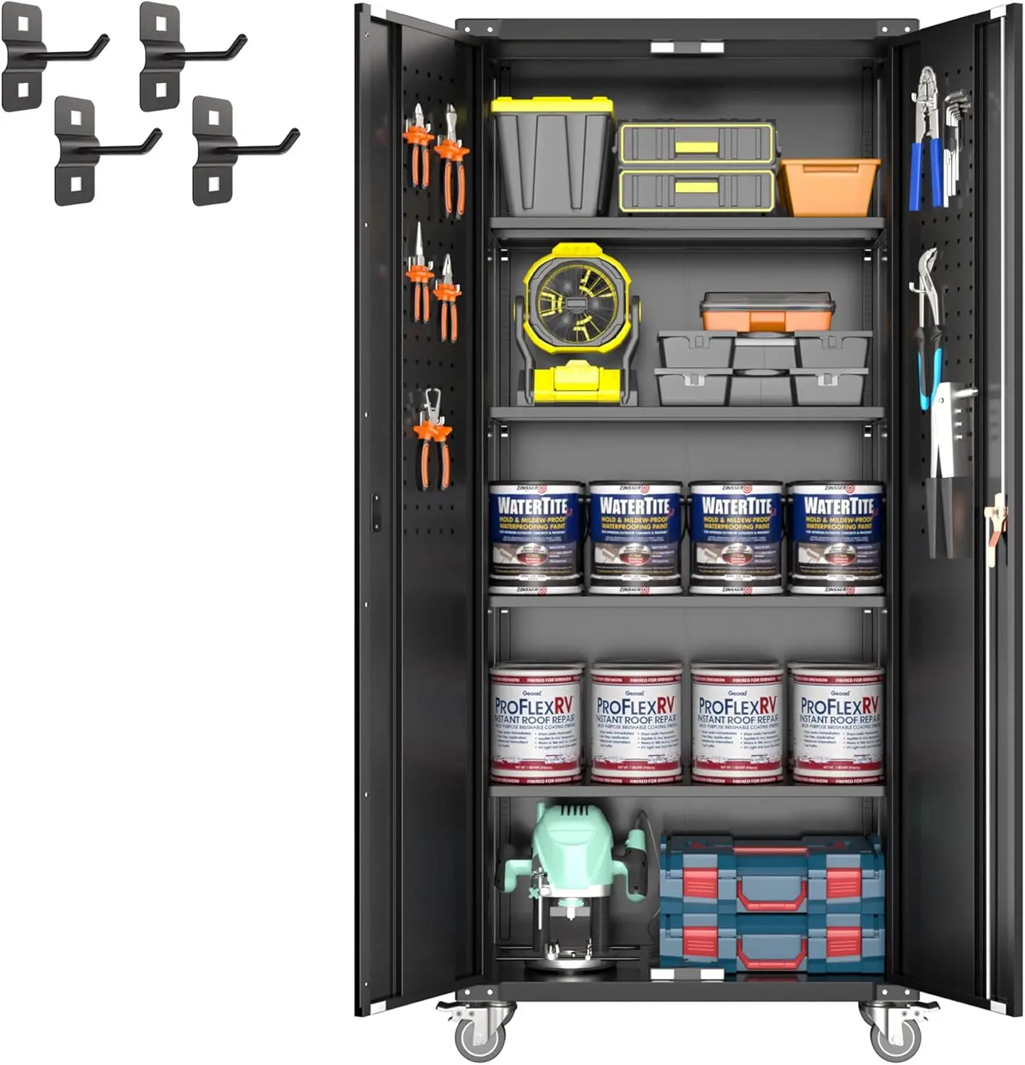 

Metal Garage Tools Storage Cabinet with Wheels, 72" Tall Lockable Garage Cabinet with Pegboard & 4 Hooks, Adjustable Shelves