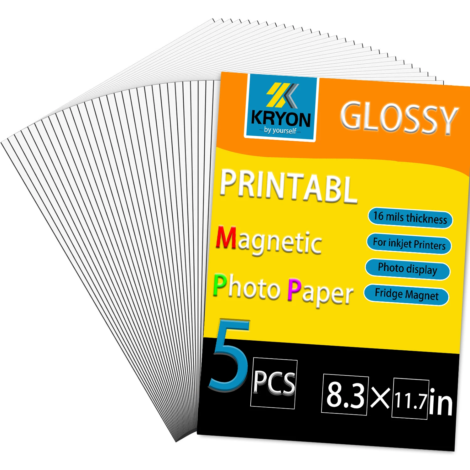 صفائح مغناطيسية قابلة للطباعة من KRYON مقاس 8.3 × 11.7 بوصة للطابعات النافثة للحبر، 5 قطع، لامعة، سميكة 16 ميلًا، غير لاصقة، مغناطيس صور DIY