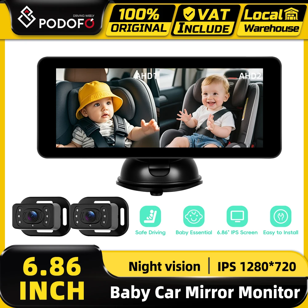 Podofo Baby-Autospiegel mit 2 Kameras, 6,86 Zoll Bildschirm, Kopfstützen-Monitor mit Weitwinkelansicht für Säuglinge, Kinder, Haustiere, Nachtsicht
