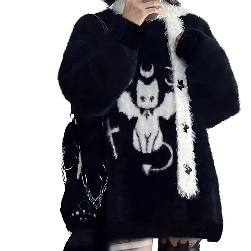 Harajuku Gothic Casual Oversized Knitted Jumpers Grunge Cartoon Sweater Fashion Knitwear Y2k Aesthetic Balack Loose Pullover image 6