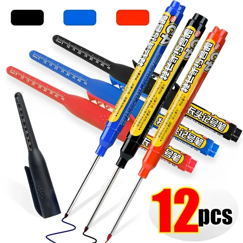 12-1Pcs Multi-Purpose 45mm Deep Drill Hole Long Nibs Waterproof Marker Pens for Bathroom Woodworking Long Head Carpenter Pen