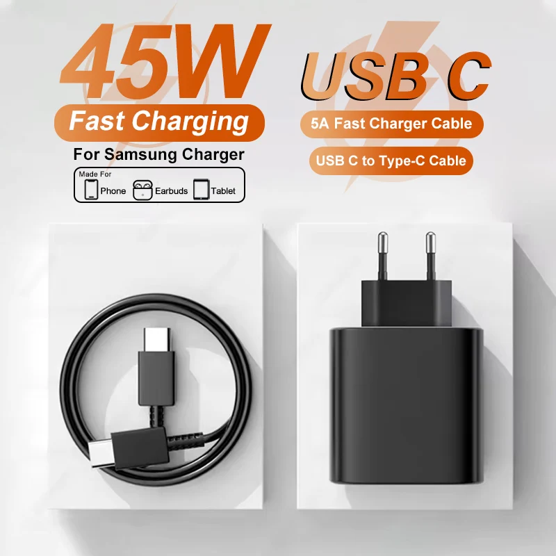 Chargeur mural USB-C 45W PD à charge ultra-rapide pour Samsung S23 S24 S25 Ultra Note 10+ 5G, adaptateur secteur rapide type C US