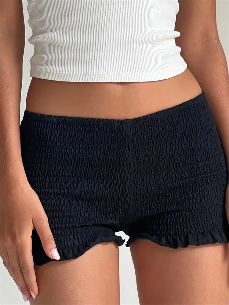 CHlearSTYLE-Short froncé pour femmes, coupe slim, décontracté, taille élastique, couleur unie, à volants, pantalon court pour fête d\'été, nouvelle