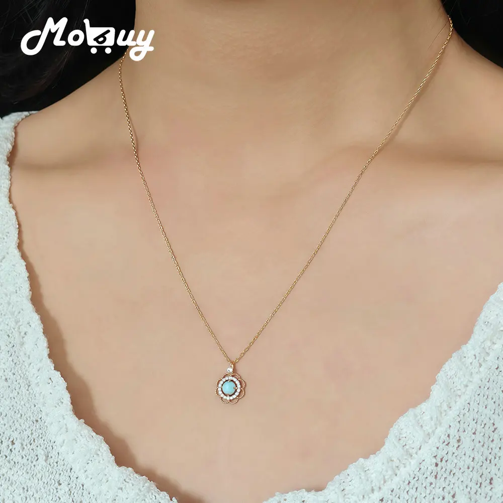 

MOBUY натуральный ларимар, кулон с драгоценным камнем, ожерелье для женщин, роскошный цветок S925, серебро, золото, позолота, вечерние ювелирные изделия, подарок