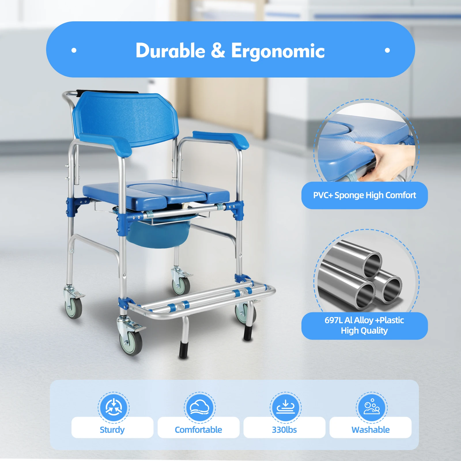 Elderly Shower Wheelchair,350lb Load Beside Commodes,Patient Transfer Wheelchair w/Shower Potty,Transport Wheelchair