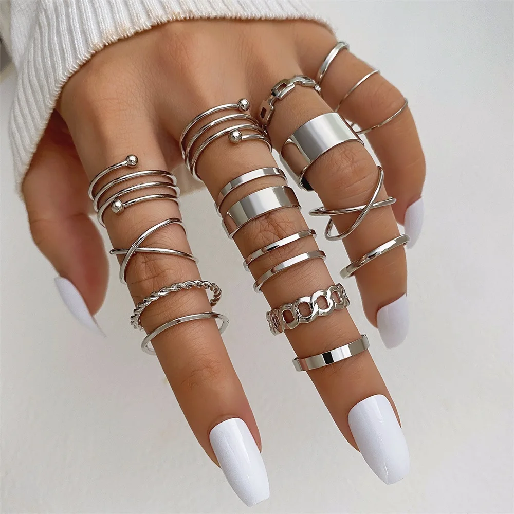 EN Punk Fashion Silver Color Metal Rings Set Hollow Geometric Trendy Finger Ring For Women Jewelry Gifts