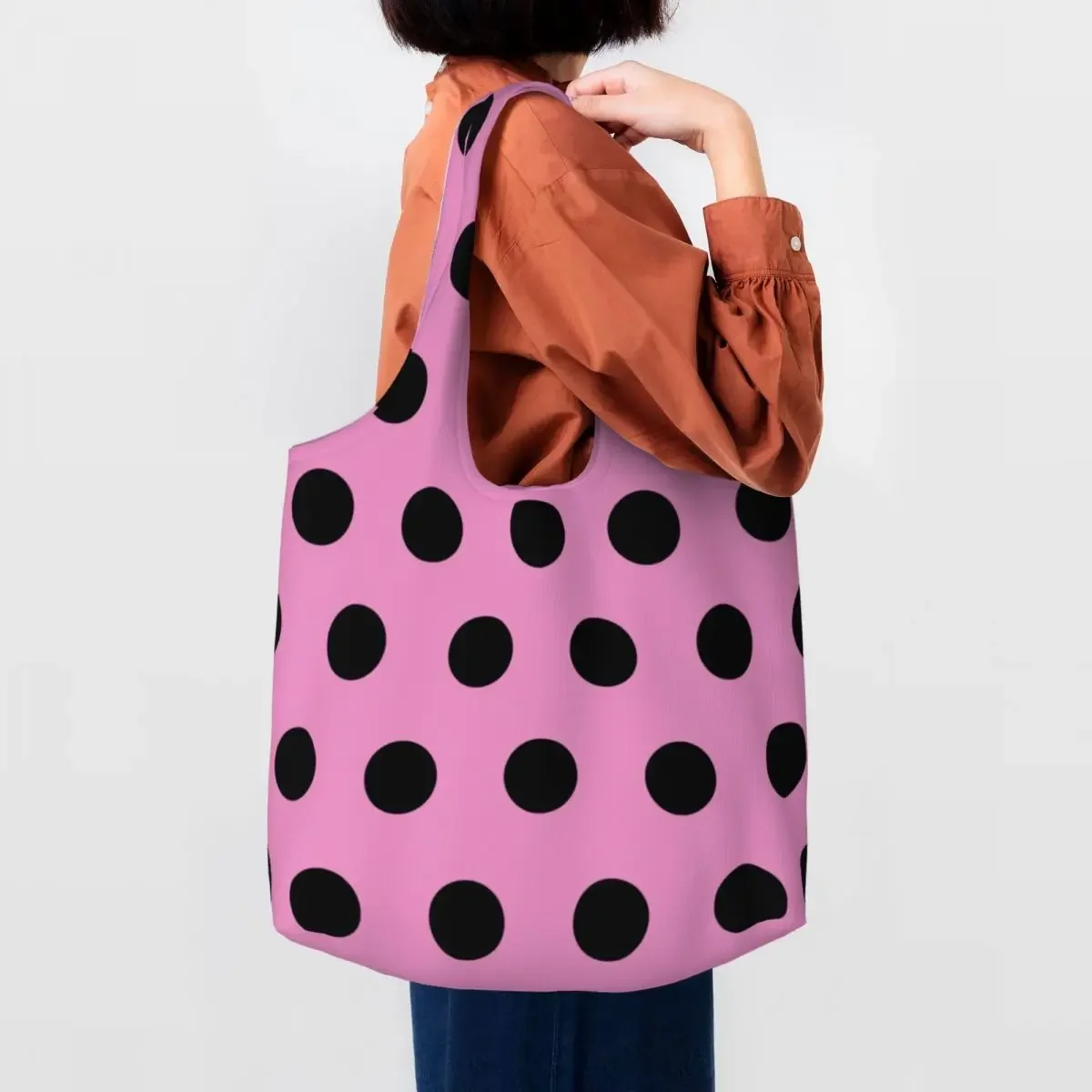 Kawaii Polka Pink Flamingo Shopping Tote Bags Recycling Street Mmural Art Eldridge Grocery Canvas Shopper Shoulder Bags Handbags