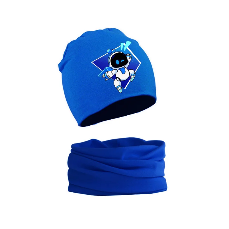 Astro Bot-Ensemble écharpe et bonnet en coton imprimé dessin animé pour bébé, ensembles écharpes sans bord pour enfant, style hiver chaud, cadeau de Noël unisexe, mignon