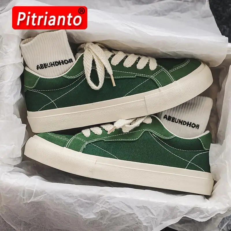 Harajuku Style Men Canvas Shoes Fashion Green Men's Casual Shoes Street Designer Vulcanized Shoes Men Platform Canvas Sneakers