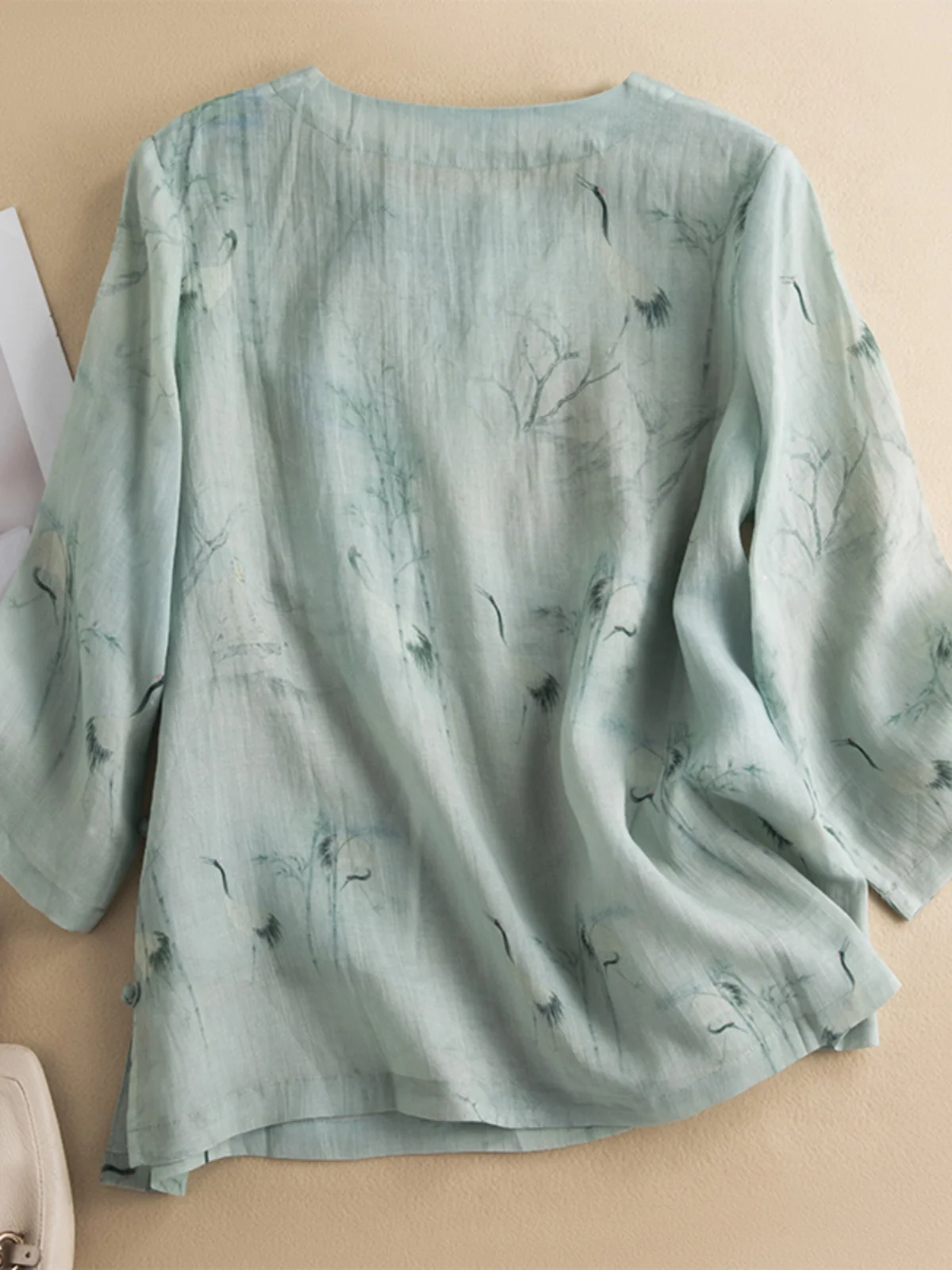 Camicetta da donna di grandi dimensioni in cotone e lino retrò cinese con bottoni e stampa, vestibilità ampia, per la mamma