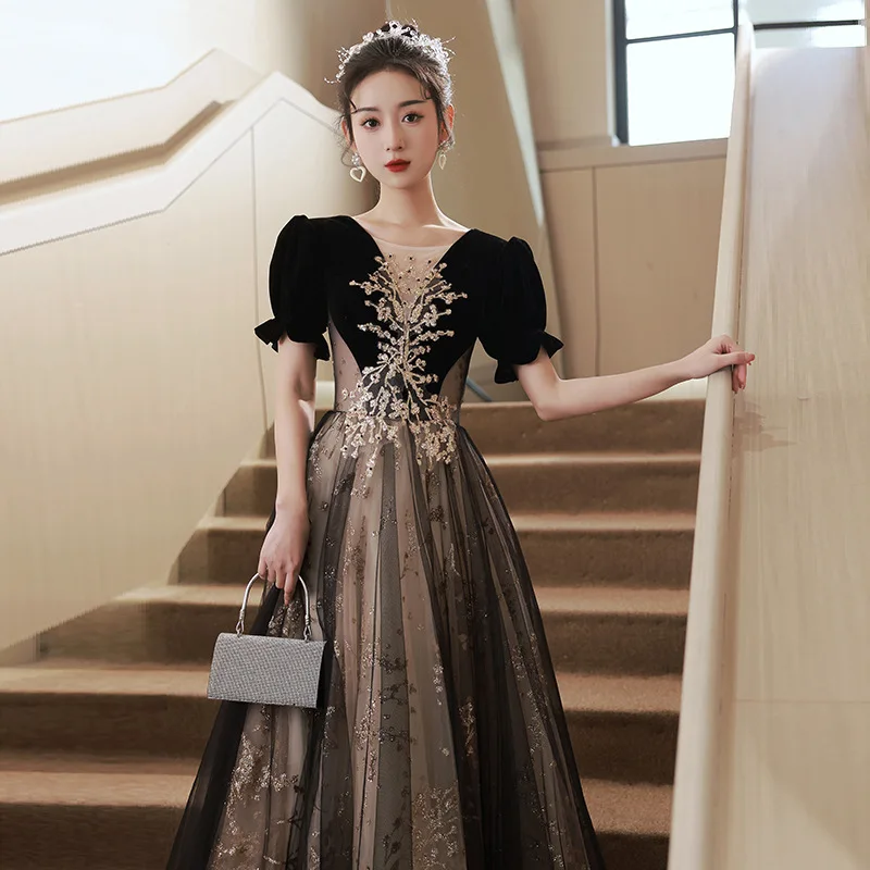 Black evening dress light luxury minority annual meeting French Hepburn style princess dress host adult dress formal dress long