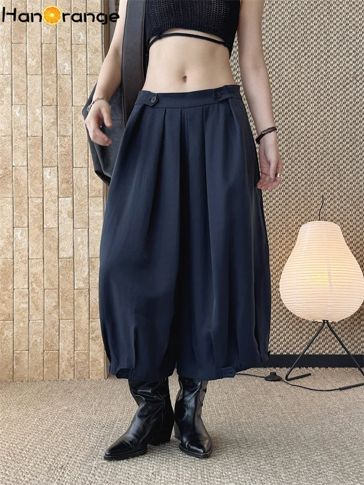 

HanOrange 2026 Summer Pockets Ruffles Bud Capris Women Button Design Calf-Length Pants Apricot/Navy Blue