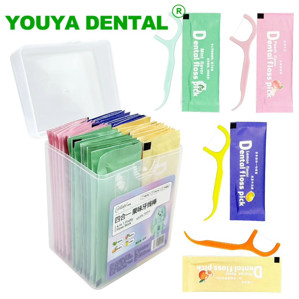 

50pcs/box Dental Floss Sticks Fruit Scent Plastic Toothpicks Colored Floss Teeth Cleaning Interdental Pick Oral Hygiene Tools