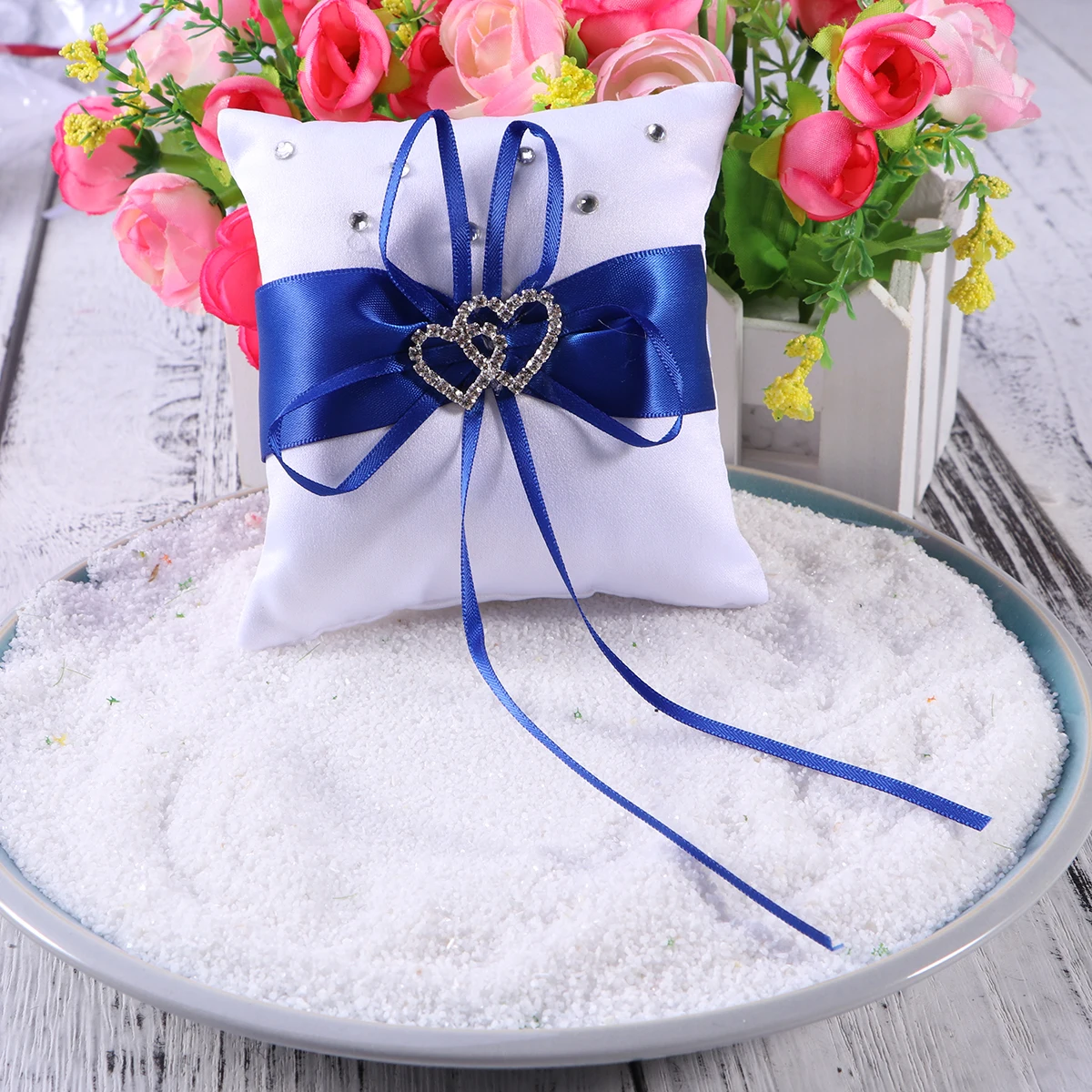 

10x10cm Bride Wedding Ring Pillow Double Heart Decor Satin Ribbons Sparkling Rhinestones Closure Ceremony Cushion for Ring