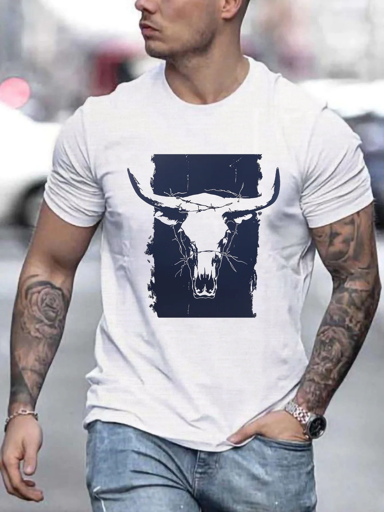 Summer men's 100% pure cotton casual loose plus size Western bull head pattern printed round neck short sleeved T-shirt top image 4