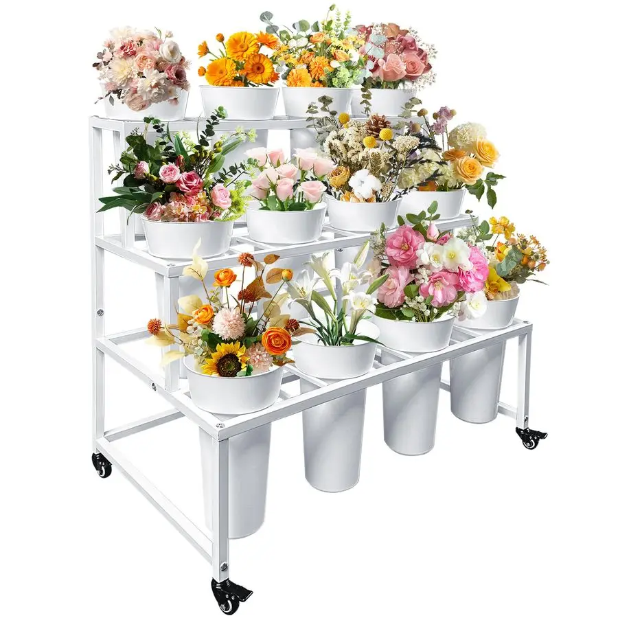 

Flower Stand with 12 Buckets, Flower Display Stand with Wheels, Flower Cart, Moving Florist Bouquet Shelf, Rectangular, White