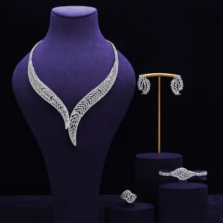 HIBRIDE New Fine Stereo Leaf sliver color Necklace Earrings Bracelet Set Women's Everyday Jewelry Wedding Prom Gift S-1048