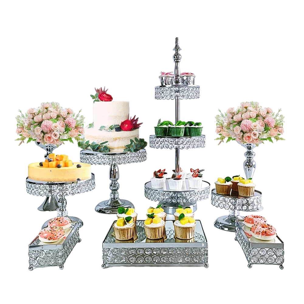 9Pcs/lot Cake Stands Set With Acrylic Mirror,Metal Round Cupcake Holder Cookies Dessert Display Plate, Serving Tower Tray