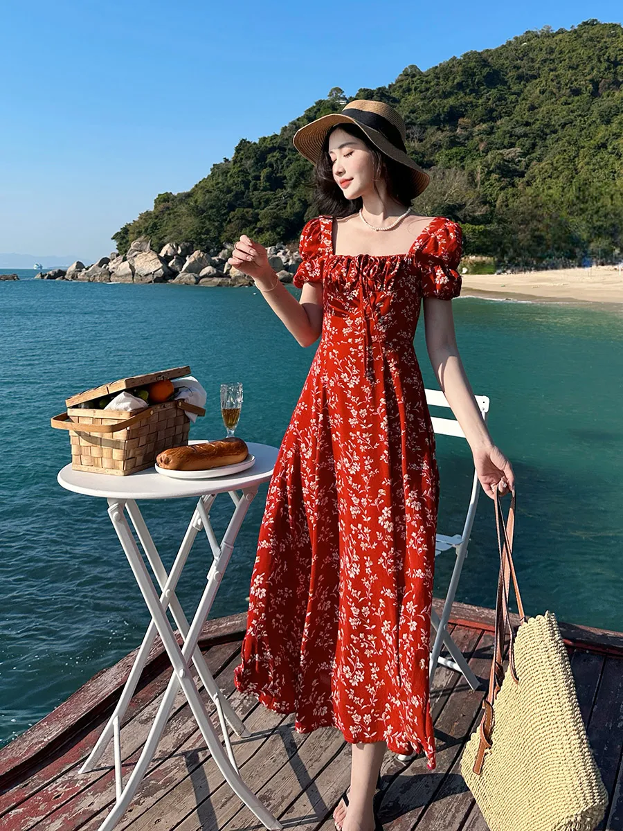 أزياء الصيف النساء الأزهار طباعة فستان الشاطئ عطلة فساتين ساحة الرقبة فستان الشمس قصيرة نفخة الأكمام إبقاء فستان سلم C179