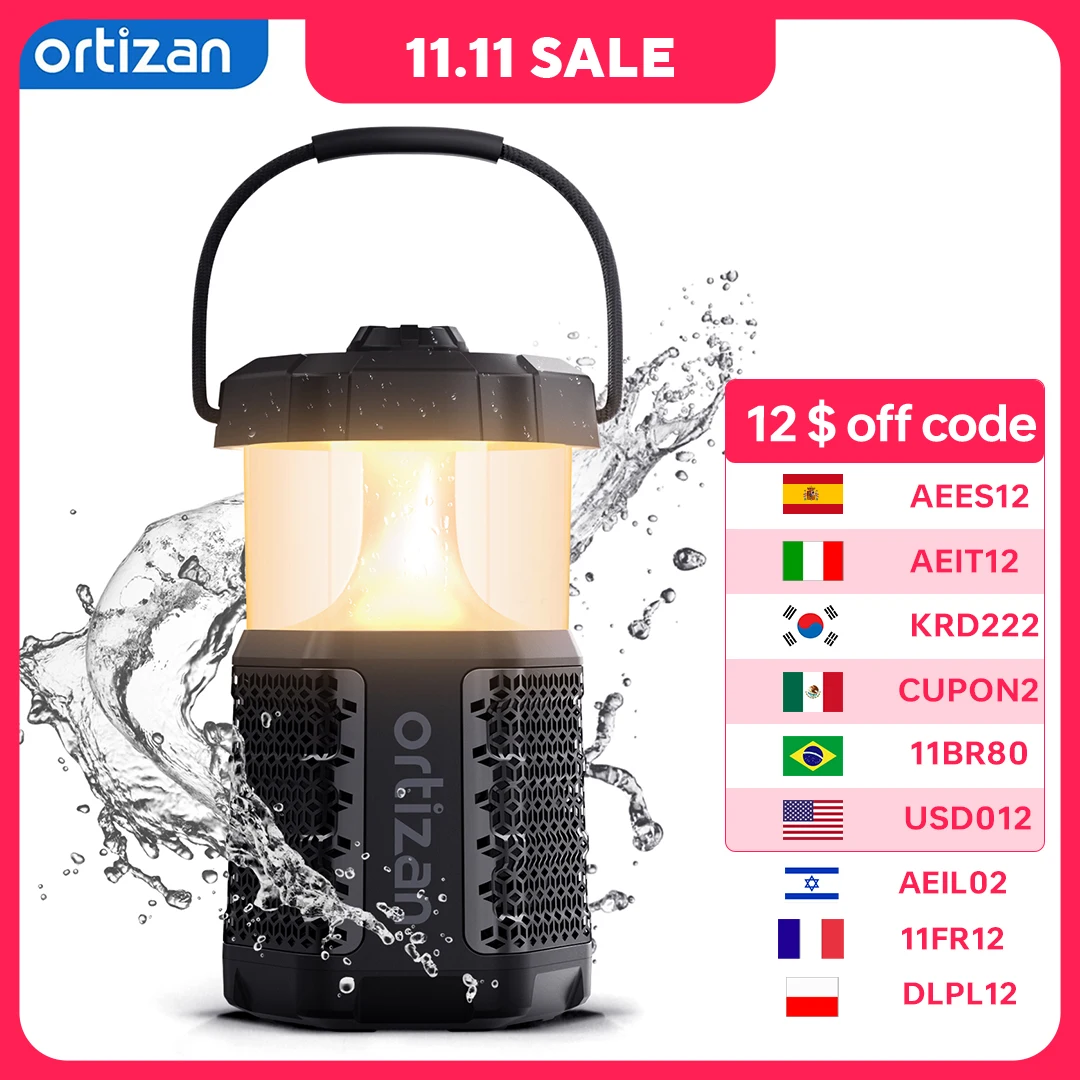 Ortizan X13 Altavoz inalámbrico Bluetooth con linterna de camping, altavoz de linterna inalámbrico impermeable IPX7 con Bluetooth 5,3, luz LED