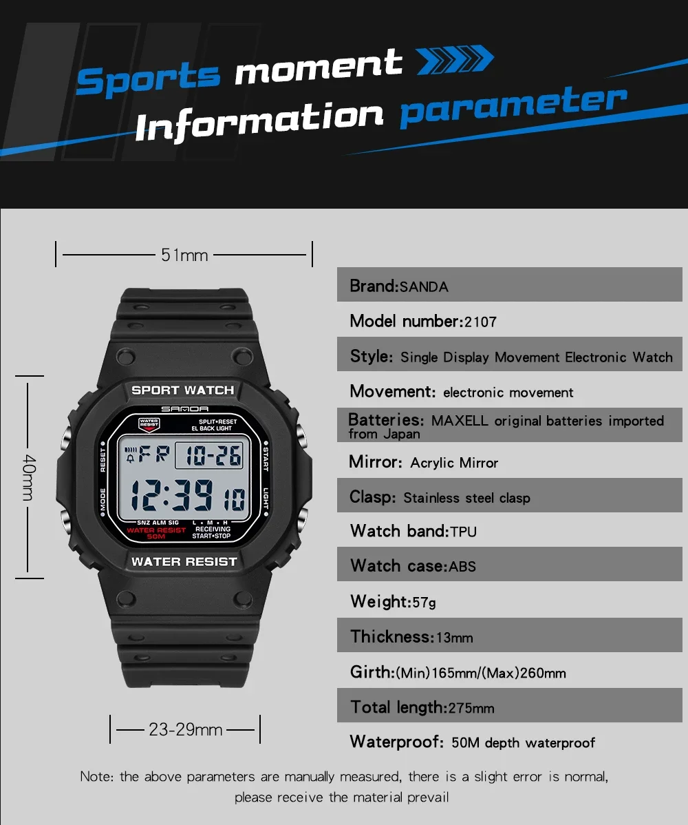 Sanda 2107 nuovo orologio elettronico con movimento quadrato a Display singolo orologio impermeabile multifunzionale con luce notturna