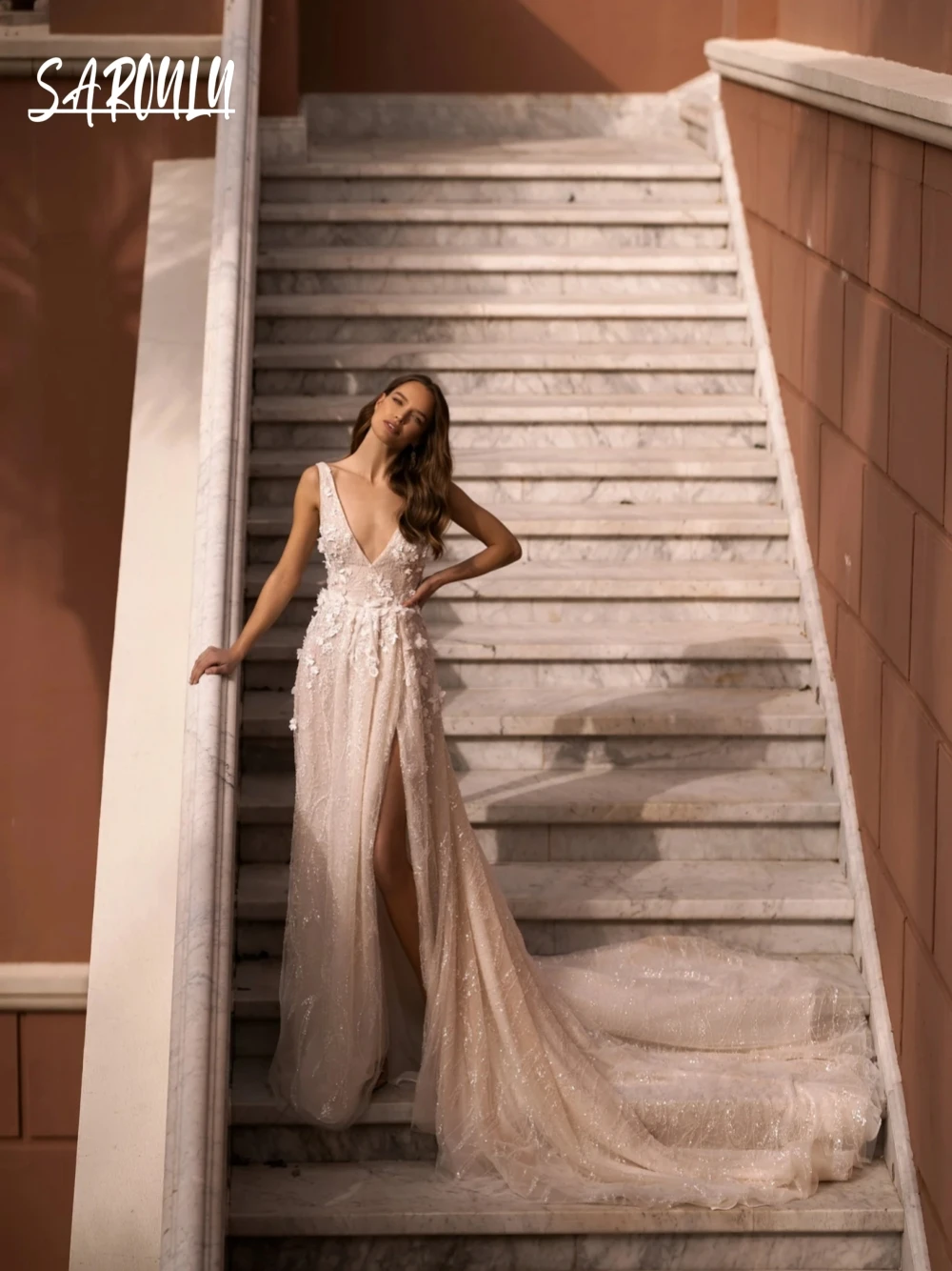 

Dreamy Deep V Neck Gorgeous Flowers Wedding Dress Dazzling A Line Bridal Gown Open Back Customized Elegant Lace Bride Wear