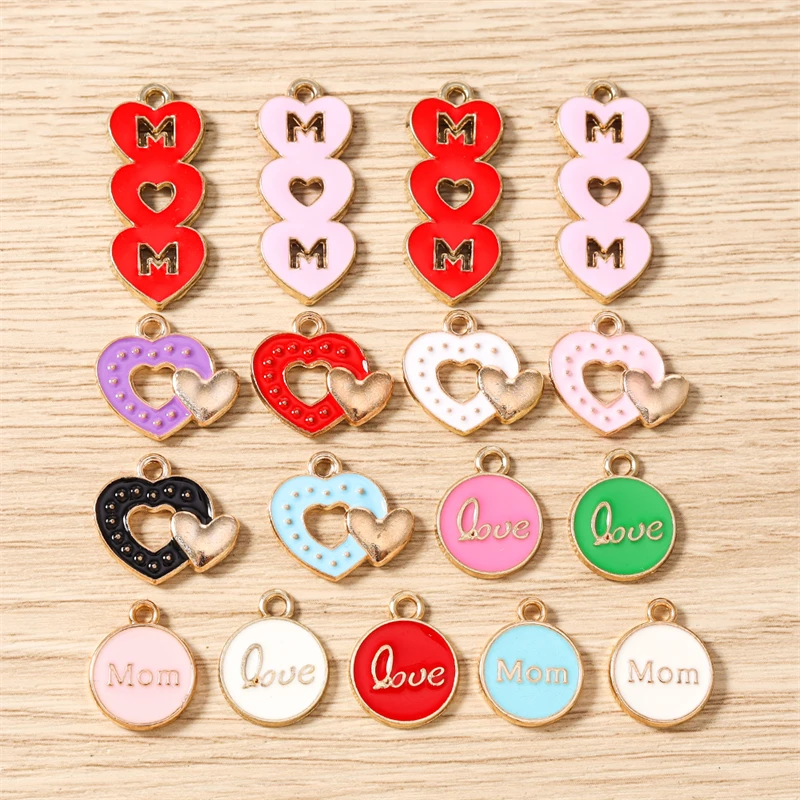 10 Stück Niedliche Bunte Emaille-Anhänger mit der Aufschrift MOM und Herzform für Schmuckherstellung, Ohrringe, Halsketten, Armbänder, DIY-Bastelzubehör – Detail 1