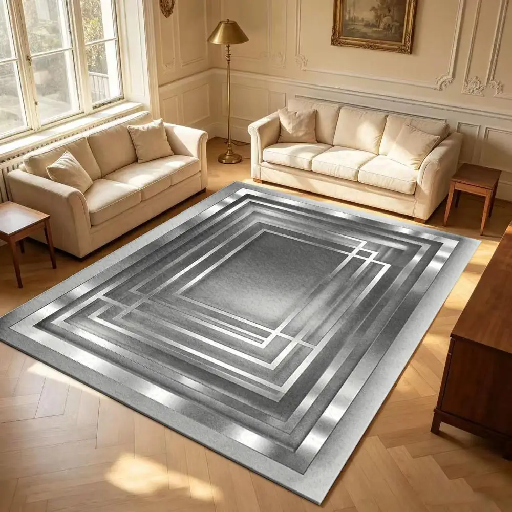 Silver Metal Geometric Layered Frame Carpet Flooring, Minimalist Luxury Square Rug for Home Decoration