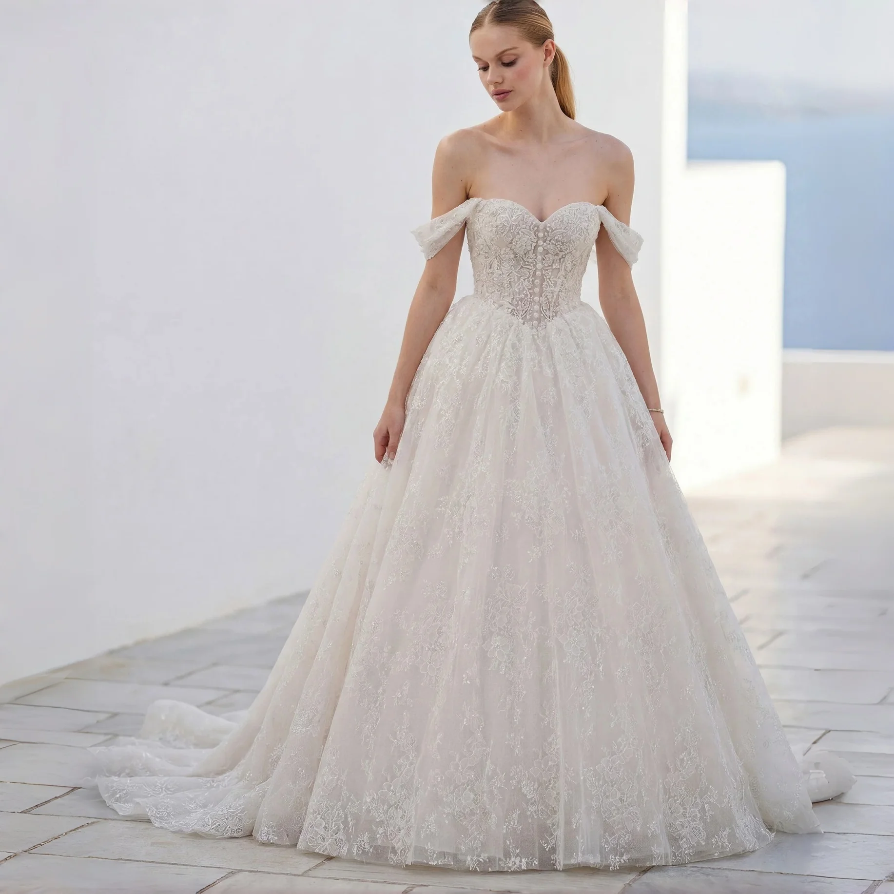 

Off Shoulder Sweetheart Lace Ball Gown Wedding Dress Detachable Tulle Cap Sleeves Sequin Floral Pearl Button Corset Bridal Gown