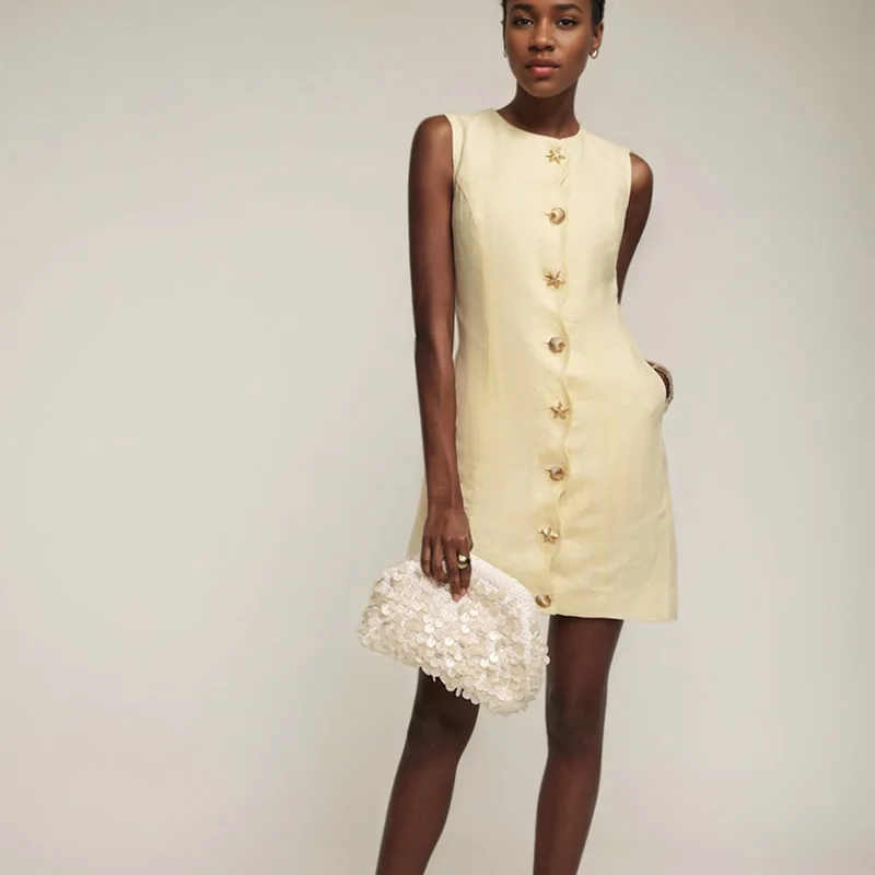 

Elegant O-Neck Sleeveless Mini Dresses Gold Button Design Women Dress
