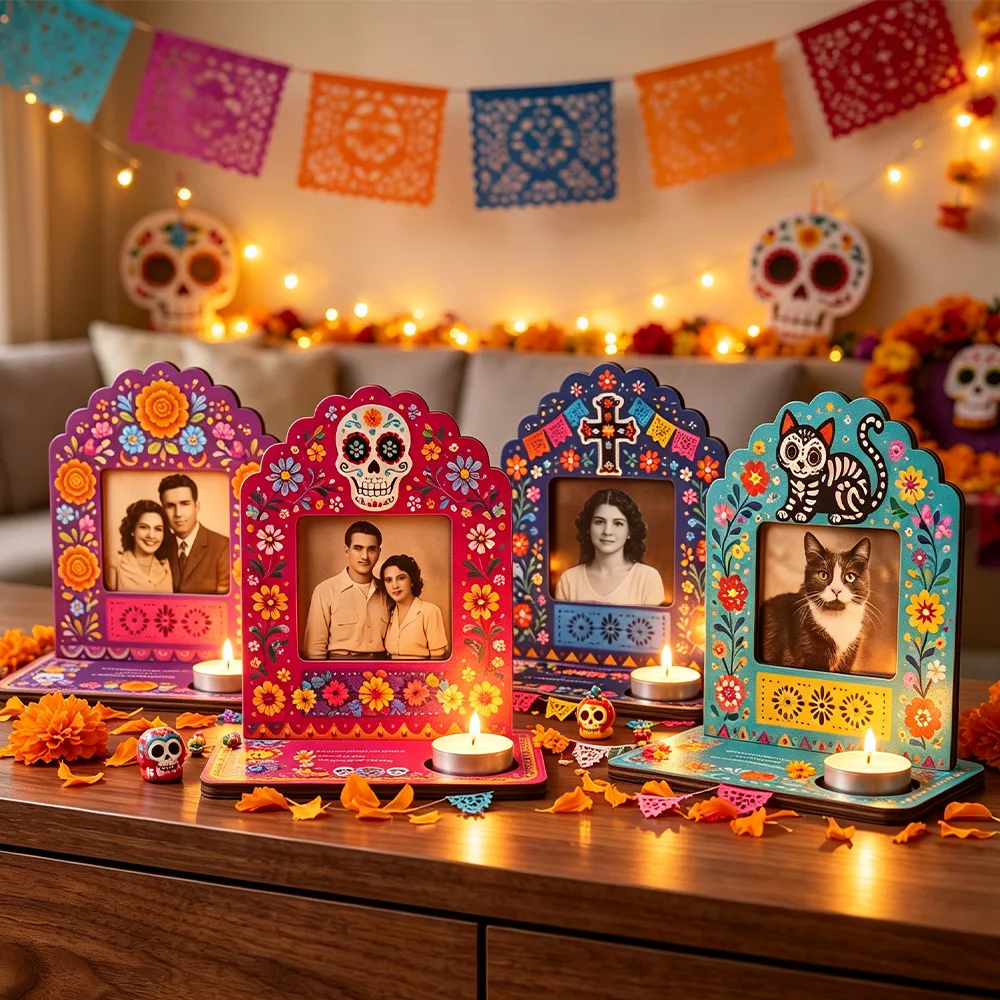 Dia De Los Muertos Altar Shadow Box, Day of The Dead Decor with Artificial Marigold & Skull, Wooden Memorial Photo Frame Display