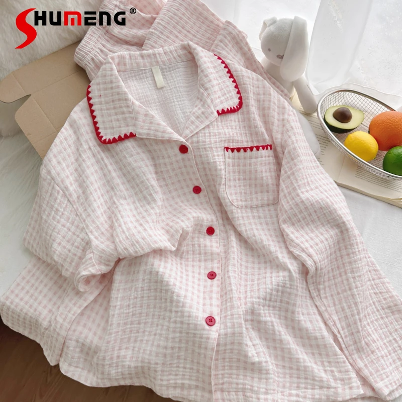 

Ins Japanese Style Simple Underwear Suits Women Pink Plaid Baby Cotton Gauze Pajamas Lady Spring Autumn Home Wear Sweet Set