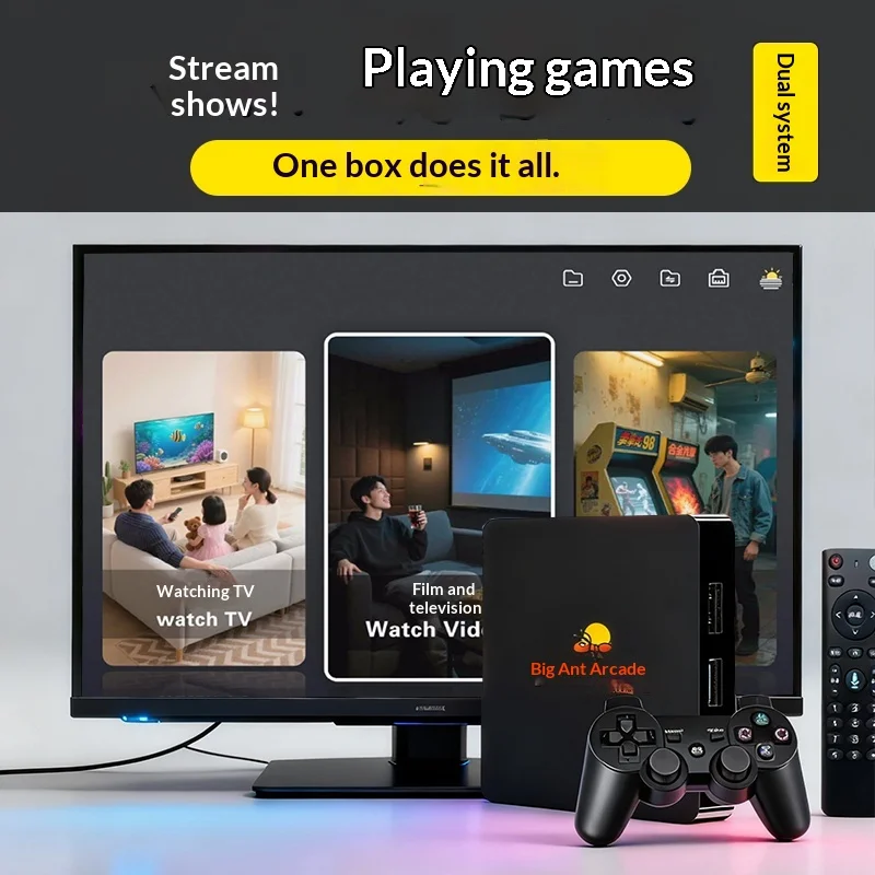 

Игровая ТВ-приставка Big Ant Dual System 4K HDMI с поддержкой ретро-аркадных игр, многопользовательская, работает с телевизором и проектором, встроенные 10000 3D-игр