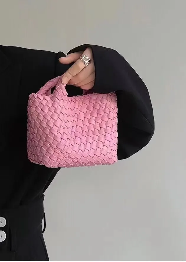 Clutch Abendtasche Damen Bucket Woven Tote Bag PU Luxus 2025 Damenhandtasche im Angebot Mittelgroße Handgestrickte Tasche mit Band und Kette – Detail 6