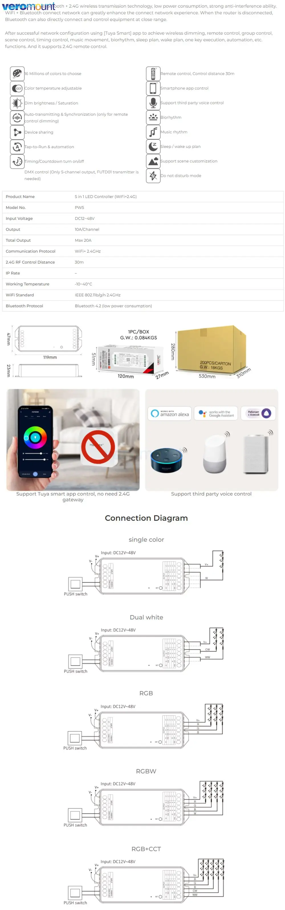 Miboxer Tuya WiFi 2.4G RF LED Controller PW2 2IN1 PW5 5IN1 Output Max 20A For Single Color/Dual White/RGB/RGBW/RGB+CCT Led Strip