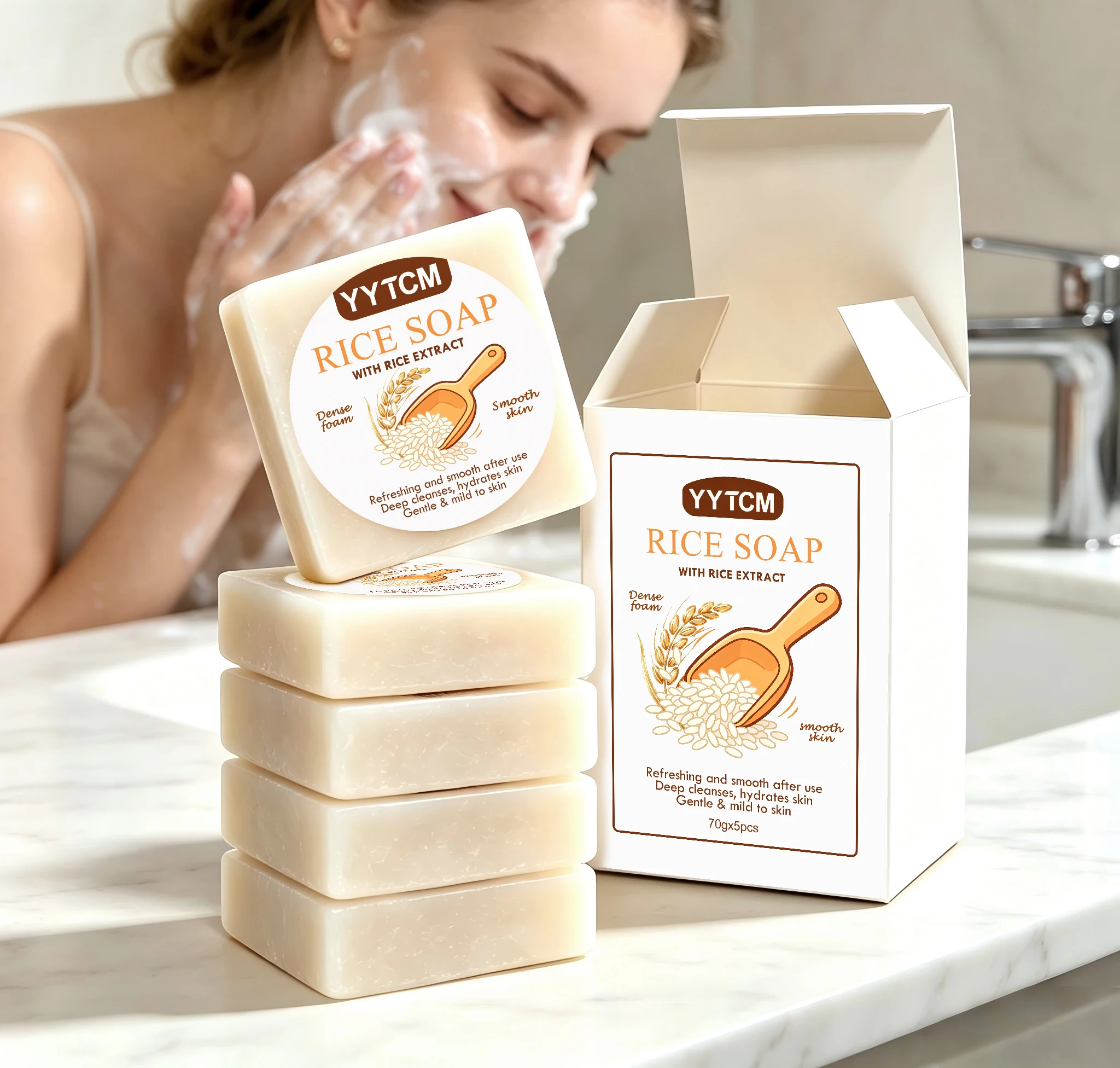 Rice Essence Soap, Dense Foam Deep Cleansing Soap, Gentle Moisturizing Face Wash and Bath Handmade Soap, 70G/Piece-5 Pieces