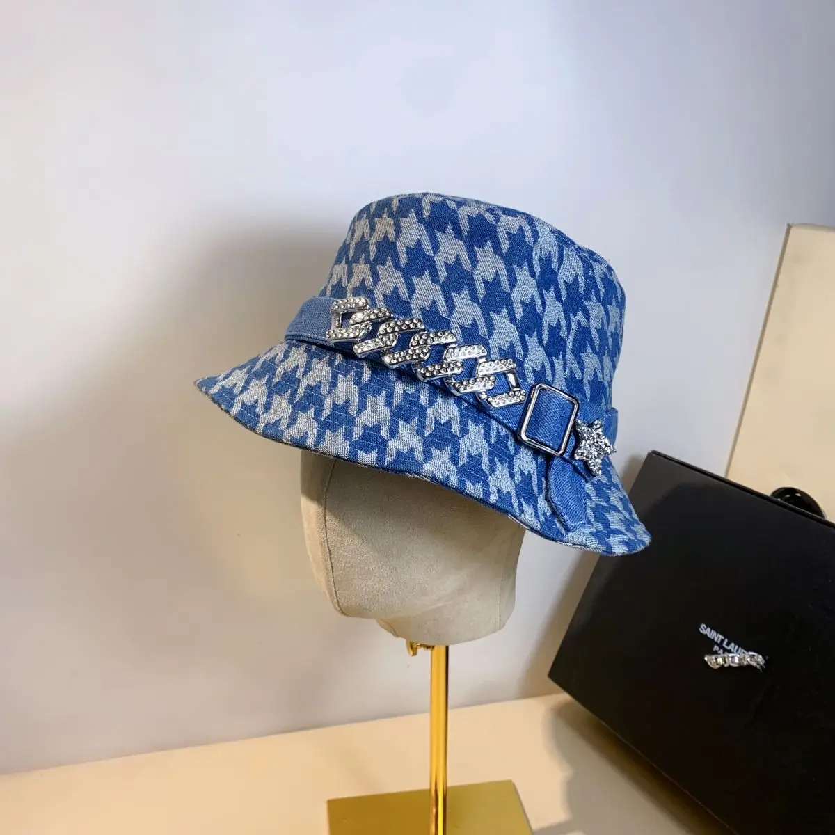 SpringandAutumn Women's Hat Cowboy Houndstooth Flash Drill Bucket hat Cotton Diamond Button Outdoor Basin Hat Short brim Sun hat